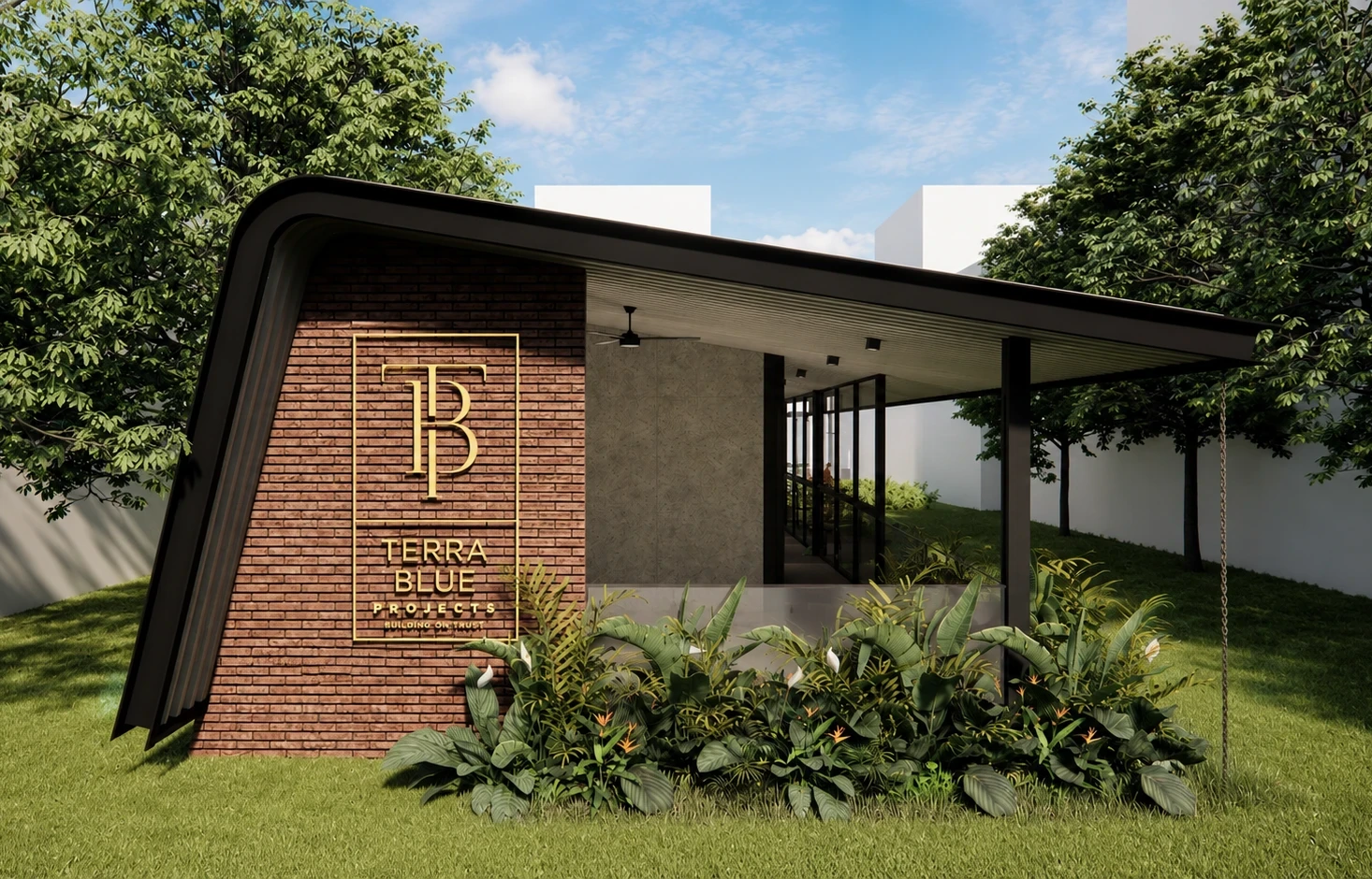 Terra Blue LEAF entrance signage and arrival court
