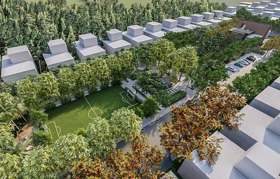 Aerial view of the clubhouse and central plaza