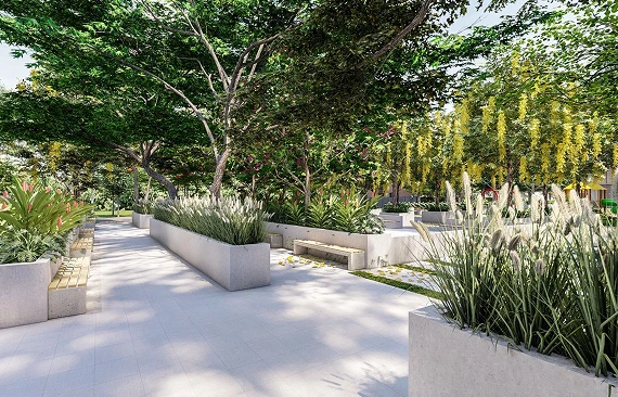 Landscaped seating corner along the walkway