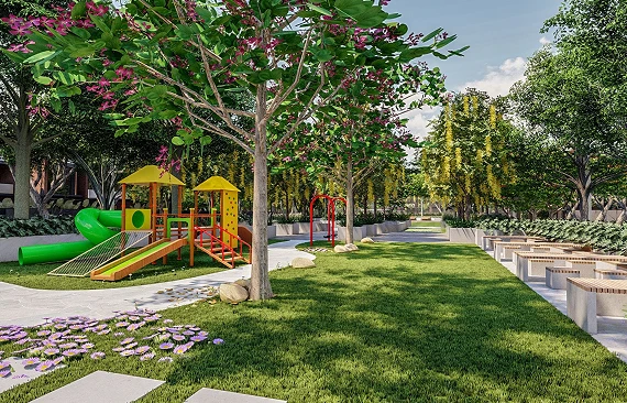 Children's play area with landscaped surrounds