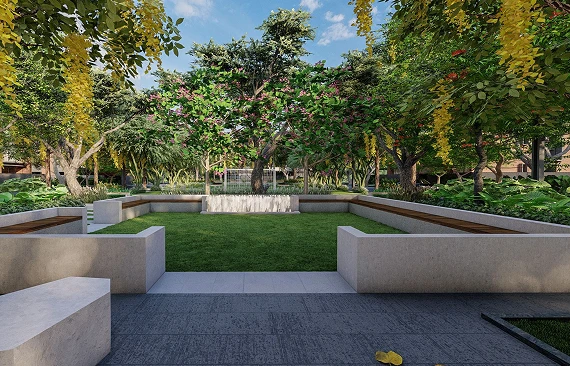 Shaded interaction plaza with seating