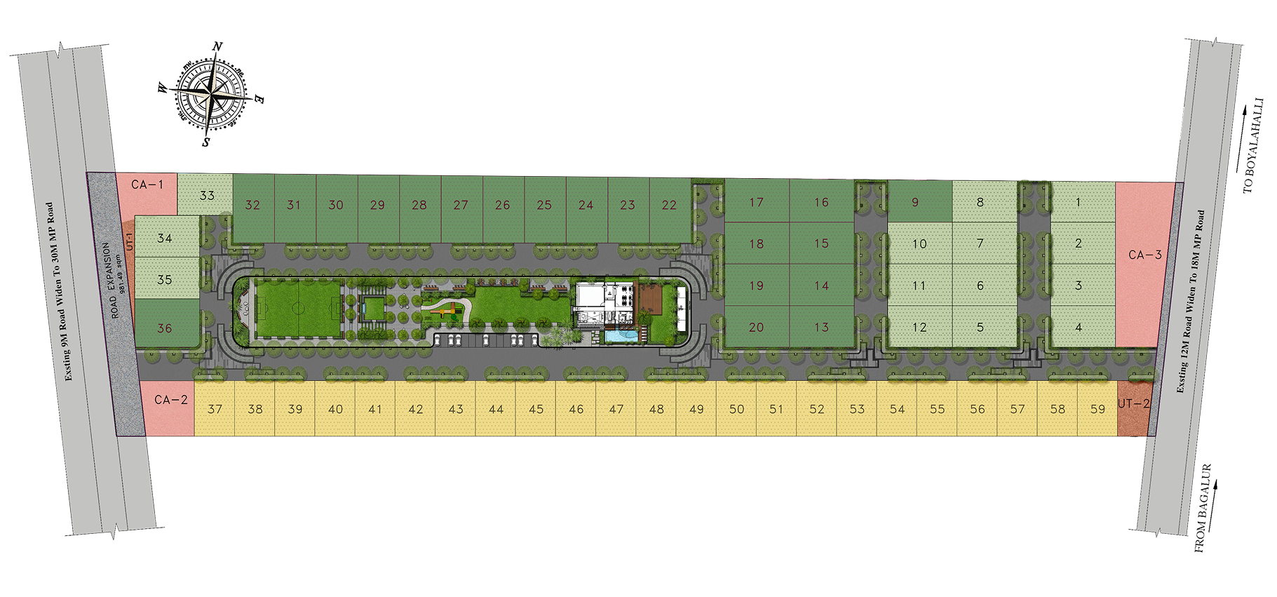 Terra Blue LEAF masterplan showing 58 numbered plots around the central plaza
